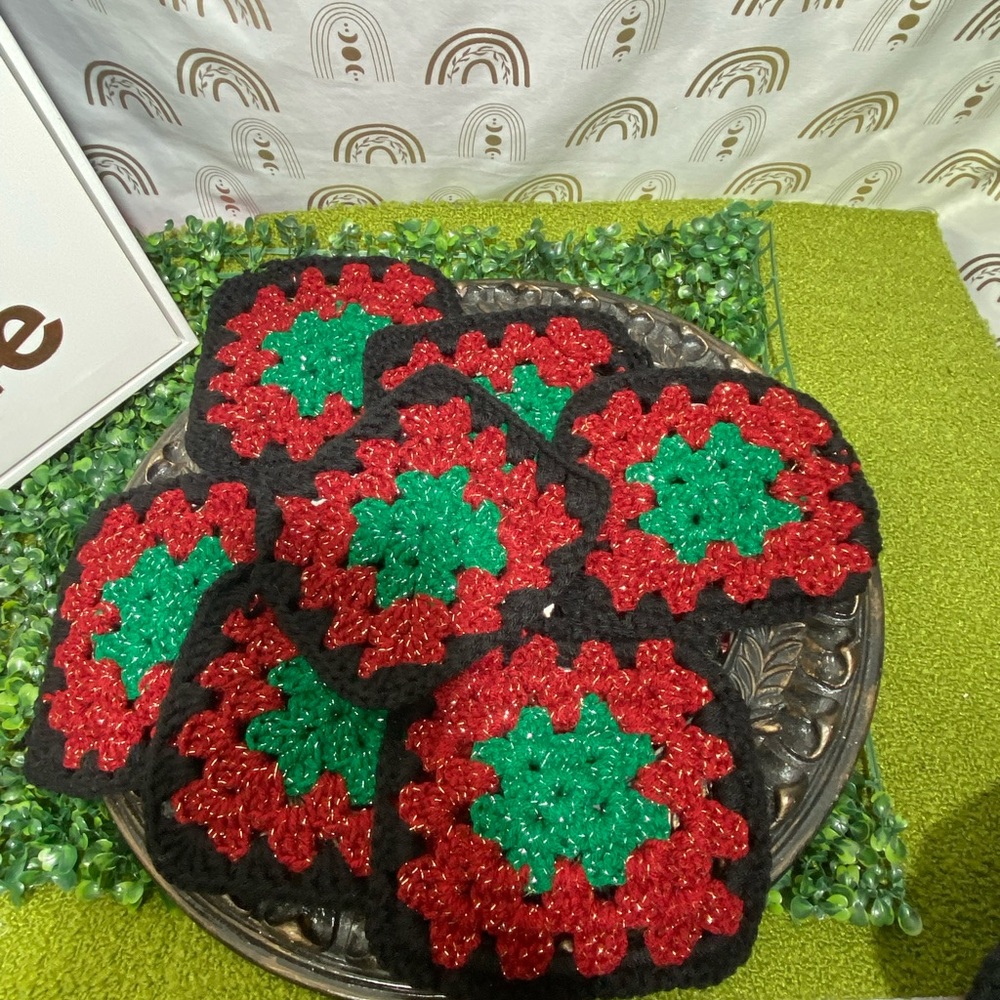 Festive Crochet Coasters Set( GRANNY SQUARES) Hand crafted